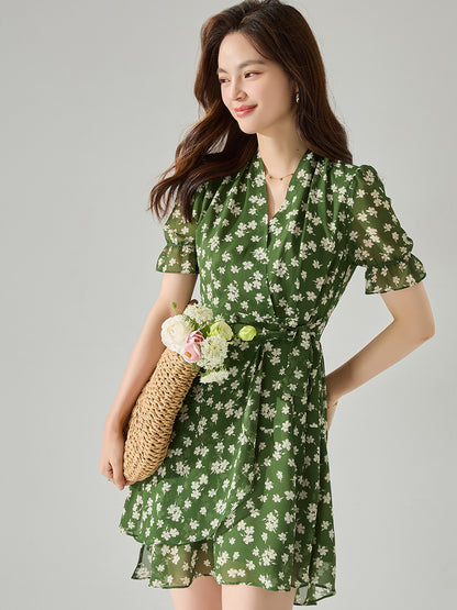 【C&M】Green V-Neck Printed Dress