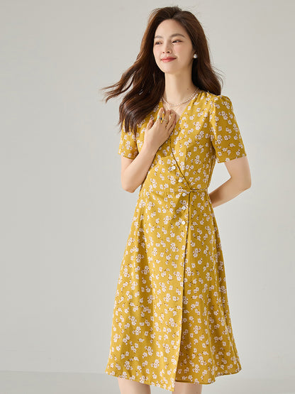 【C&M】Yellow V-Neck Printed Dress