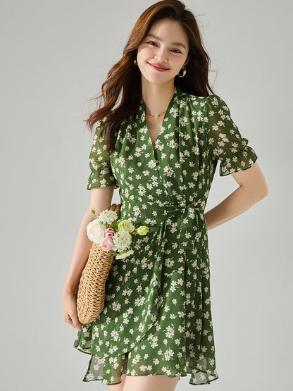 【C&M】Green V-Neck Printed Dress