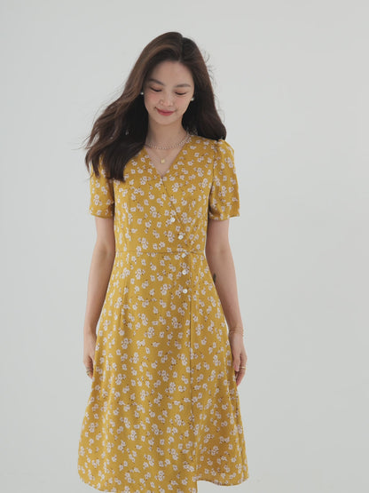 【C&M】Yellow V-Neck Printed Dress